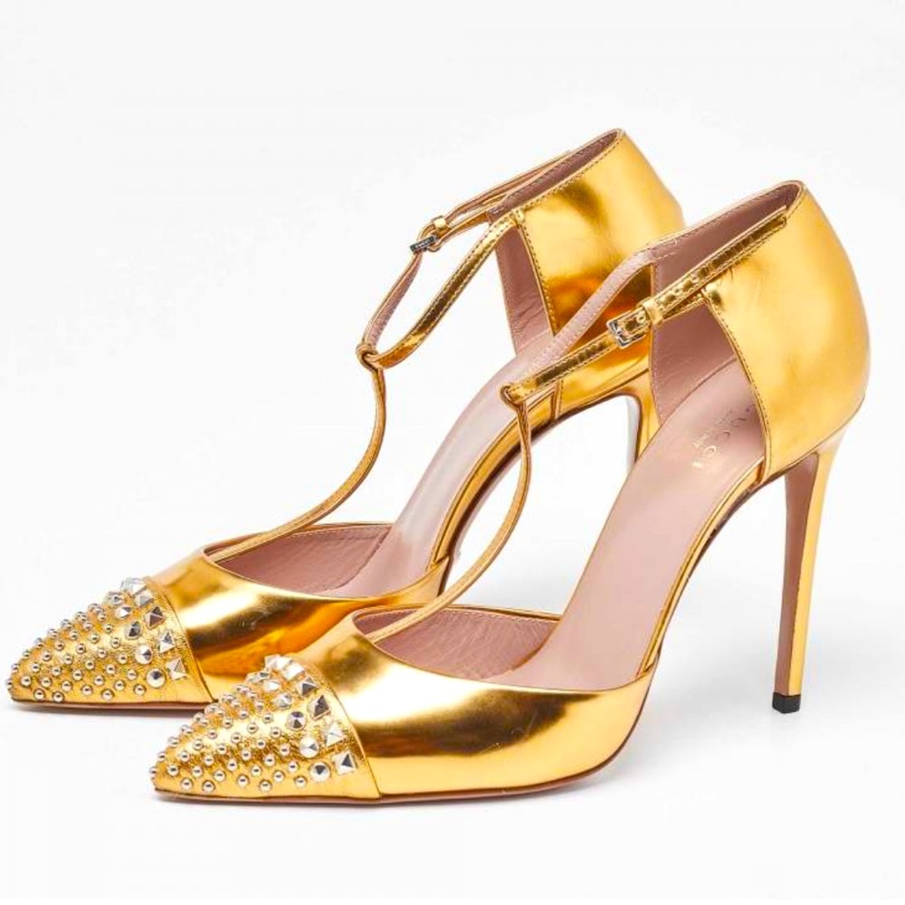 Gucci Gold Metallic Patent Leather Coline T Strap Maryjane Pumps Size 39.5 9.5